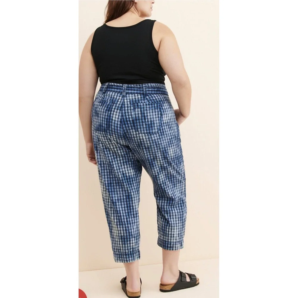 Maeve Anthropologie Blue Gingham Pleated Tapered Cropped Pants Plus Size 20W